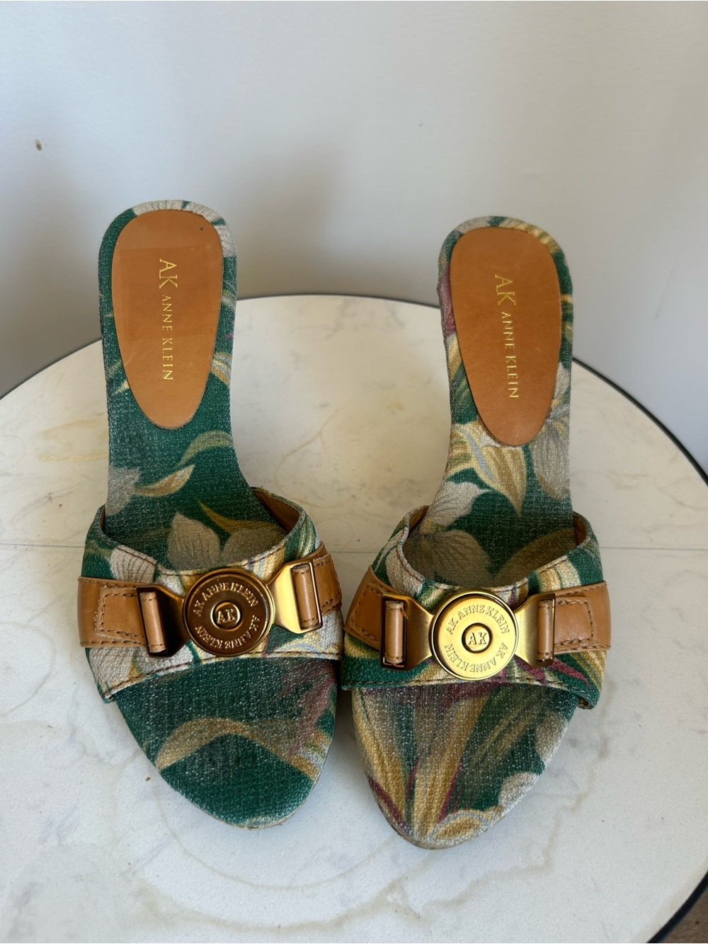 Anne Klein Green Floral Slide Mules with Gold Medallion